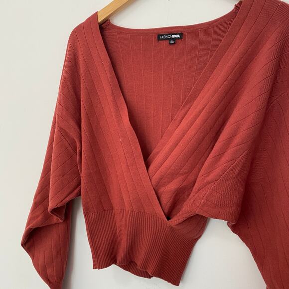 Fashion Nova Red Ribbed Knit Wrap Sweater Size Small - Picture 5 of 5